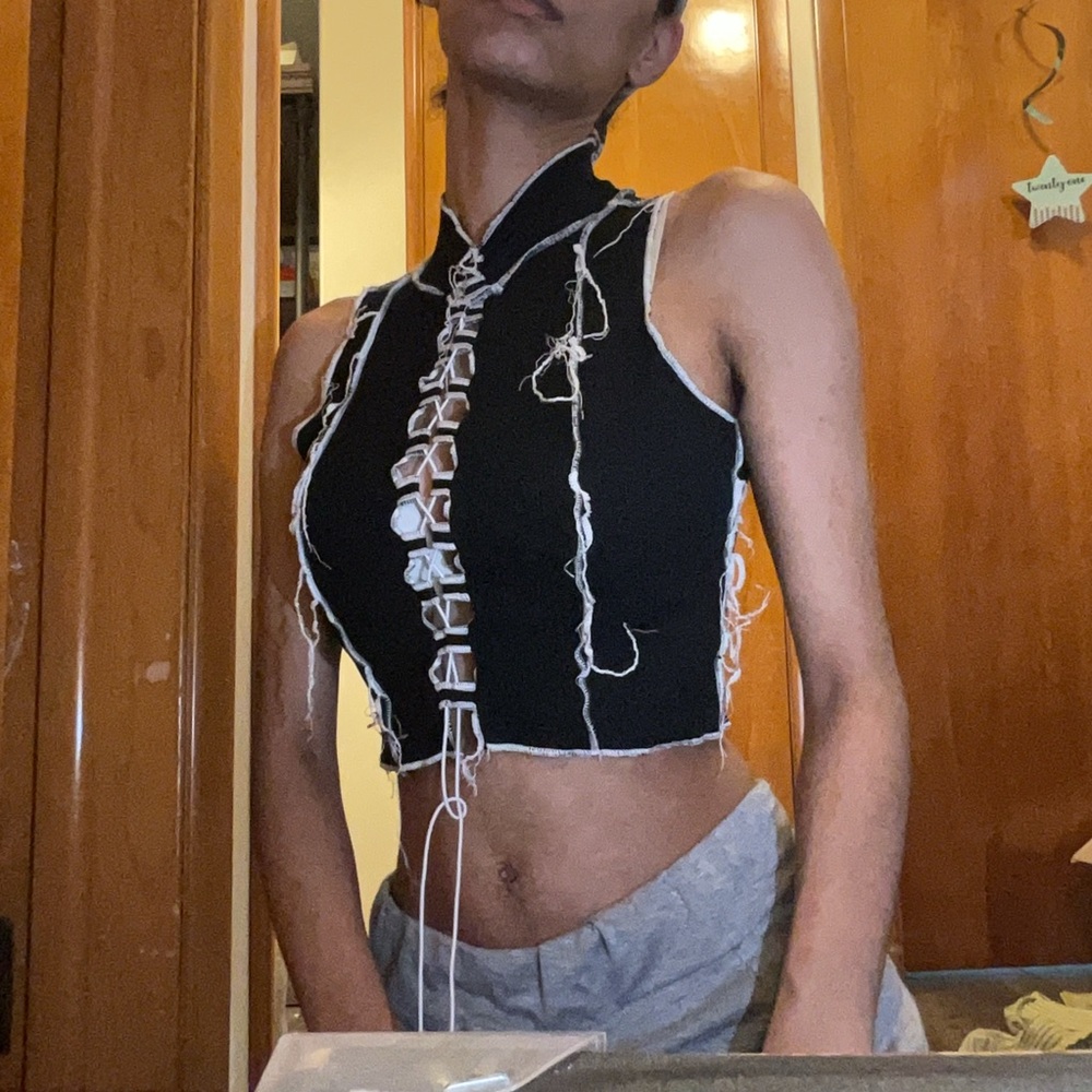 AKIRA Black and White Lace-Up Tank Top